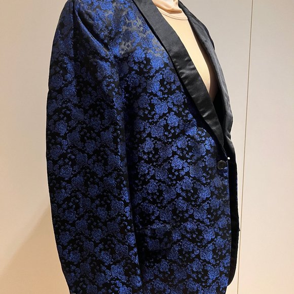38S Vintage First Nighter Formals Blue Floral Brocade Dinner Jacket - Picture 4 of 4